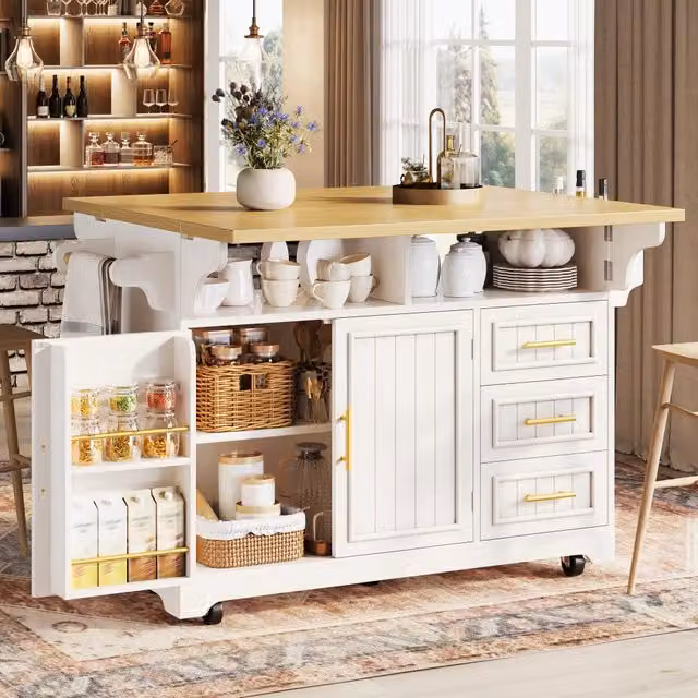 Isola da cucina 120x40(80)x95 cm con piani laterali pieghevoli in MDF bianco