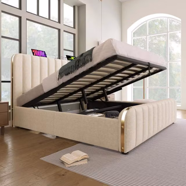 Letto matrimoniale contenitore idraulico 180x200 cm con USB e Type-C; lino beige