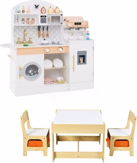 Set cucina e tavolo da gioco per bambini in legno con 2 sedie, bianco e arancione
