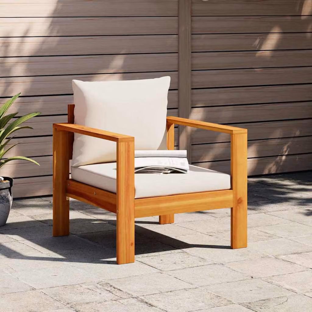 Sedia da giardino vidaXL in legno di acacia con cuscini marroni e bianchi e braccioli