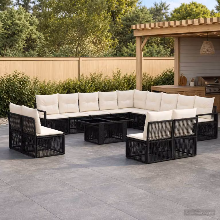 Set Divano da Giardino vidaXL 14 Pezzi Moderno in Polyrattan con Tavolino e Cuscini, Colore Nero e Bianco Crema