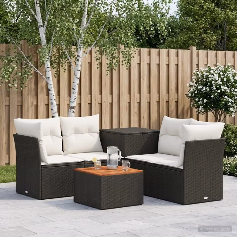 Set di divani da giardino vidaXL in polyrattan nero e bianco con tavolo da caffè e cuscini inclusi