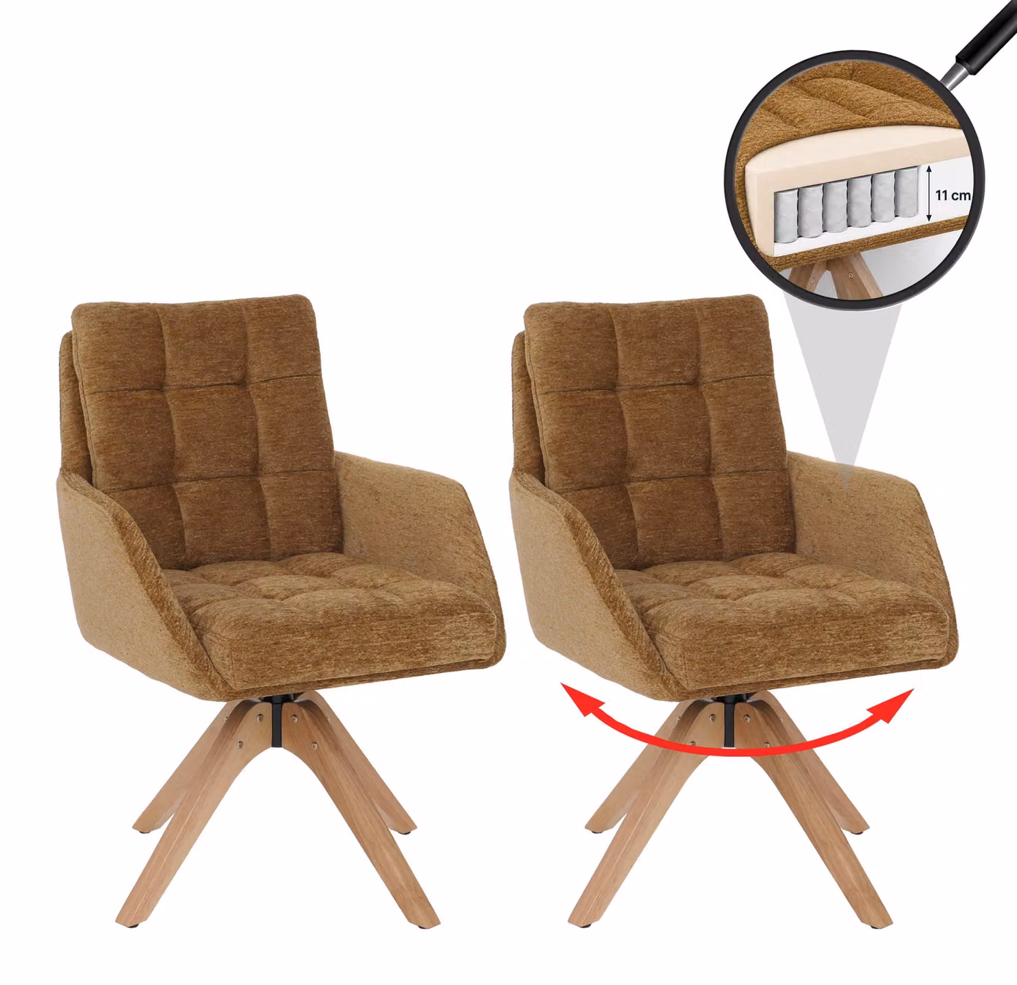 Set di 2 sedie da pranzo modello HWC-Q36, sedia per cucina, girevole, rivestita in tessuto chenille (680g/m²), struttura in legno, colore giallo senape