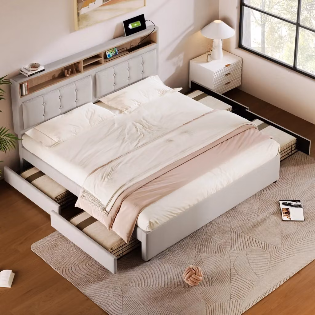 Letto Mivray con cassetti e testiera regolabile, porte USB e Type-C, rivestimento in tessuto beige, L/P: 140 x 200 cm – 2