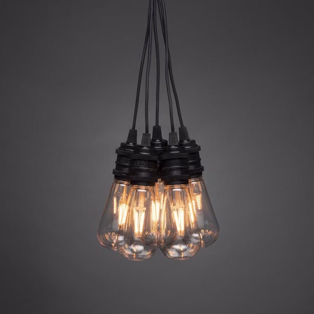 Ghirlanda luminosa LED a forma di globo, design retrò, globi a forma di lampadina, 10 LED color ambra, trasformatore da esterno 24 V (IP44), 7 W, cavo nero