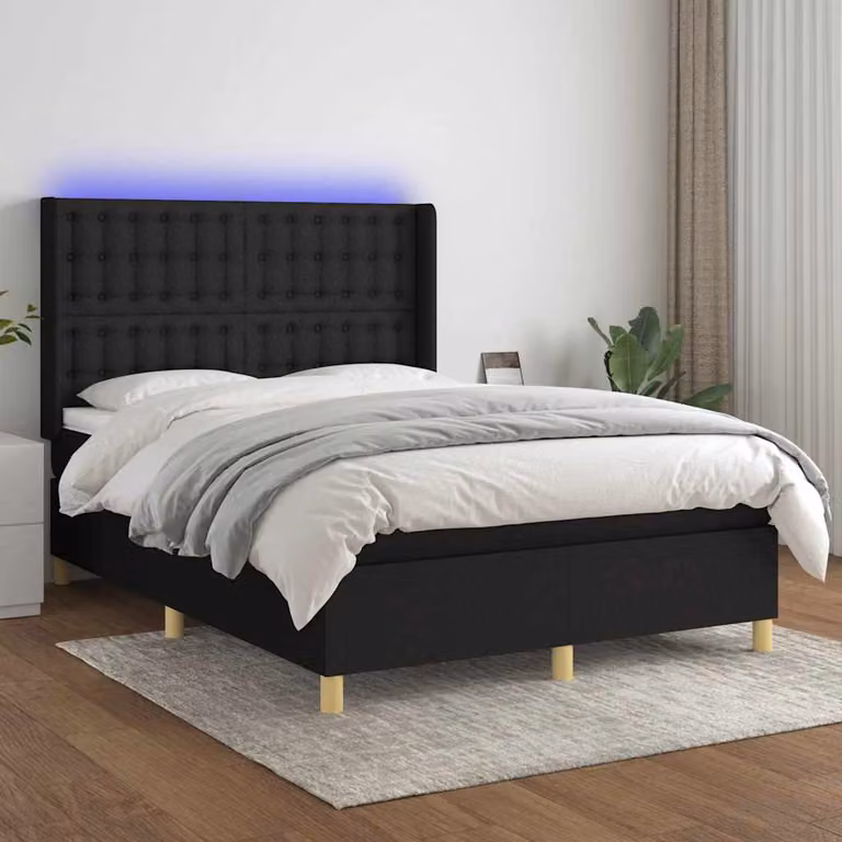 Letto Ibrido con Materasso e Illuminazione LED vidaXL in Tessuto Nero L: 140 cm, P: 190 cm