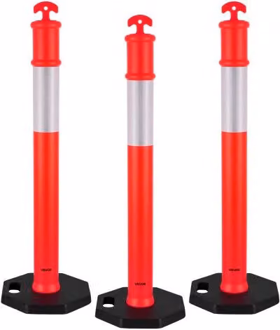 Set di 3 paletti delimitatori del traffico VEVOR rossi con base zavorrata e strisce riflettenti, Altezza: 114 cm, Diametro: 37,5 cm