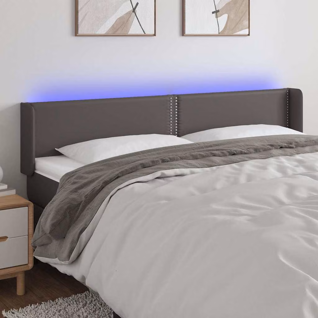 Testiera per letto con illuminazione LED e porta USB vidaXL in similpelle grigia, L: 203 cm, P: 16 cm, H: 78-88 cm