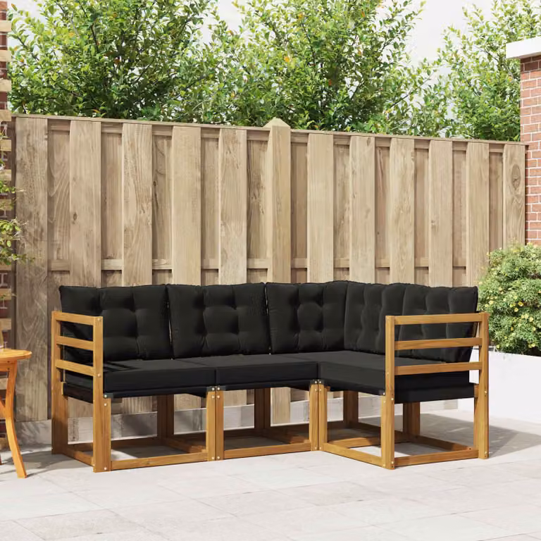 Set di divani da esterno vidaXL 4 pz in legno di acacia e textilene, forma a L con cuscini inclusi, beige e nero