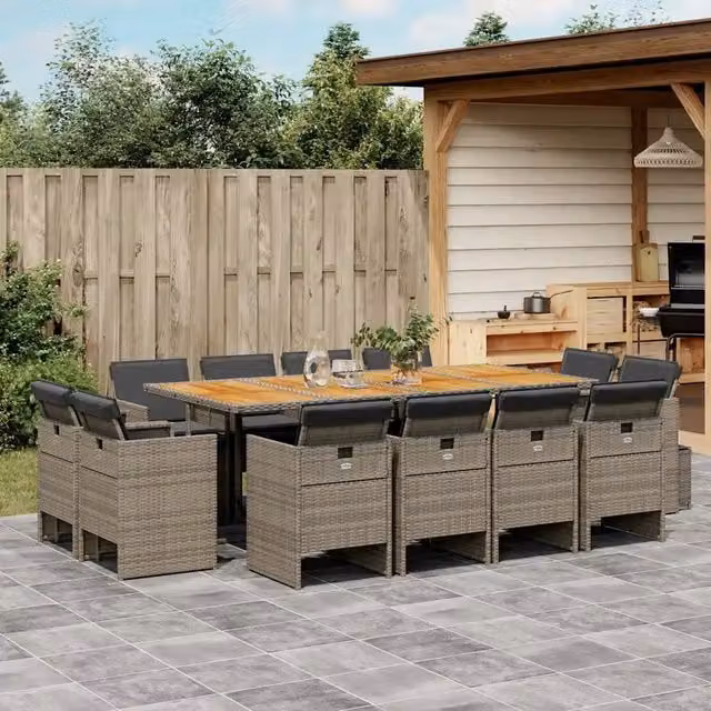 Set da pranzo da giardino vidaXL in polyrattan e legno di acacia con 13 pezzi e cuscini, colore grigio e marrone