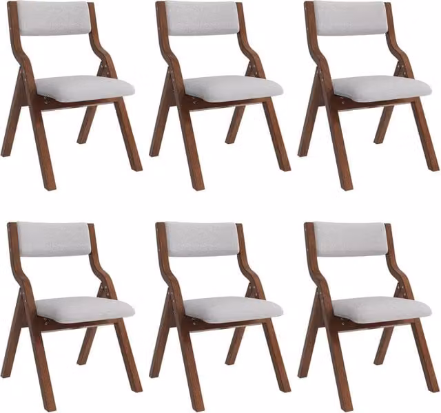 Set di 6 Sedie Pieghevoli da Sala da Pranzo in Legno Massello con Rivestimento in Lino Grigio