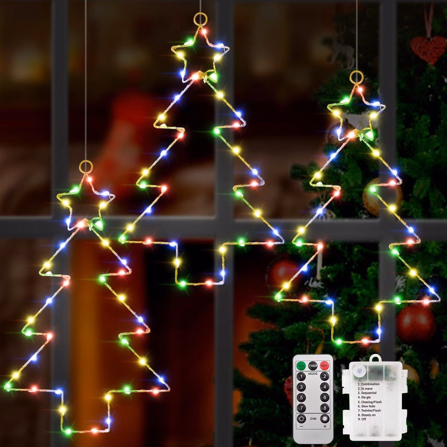 Set di 3 catene luminose a LED, 40 LED per catena, decorazione per finestre, alimentazione a batteria, 8 modalità