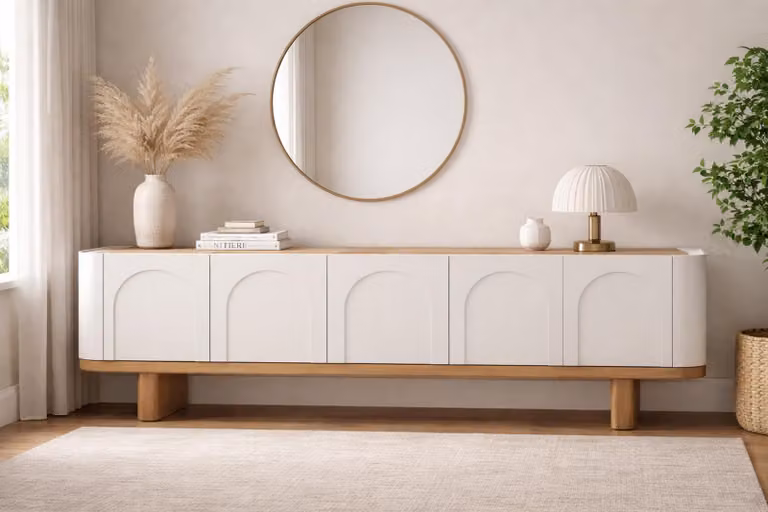 Credenza bianca robusta, elegante credenza da salotto, mobile contenitore
