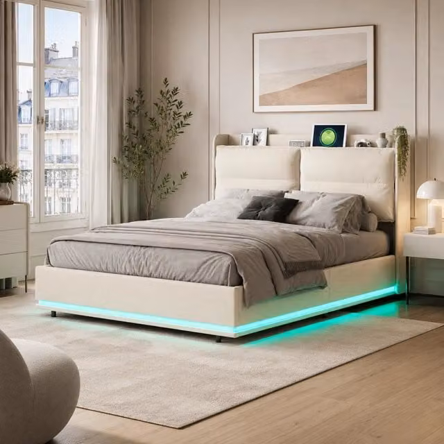 Letto contenitore 140x200 cm velluto beige, testiera imbottita, ricarica wireless, USB‑C e USB, luci RGB‑LED con telecomando, meccanismo idraulico