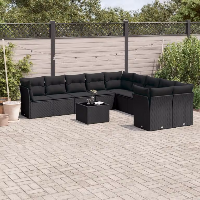 vidaXL Set Divani da Giardino 11 pz in Polyrattan Nero con Cuscini e Tavolino da Esterno