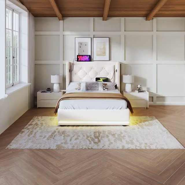 Letto imbottito singolo contenitore ¨C Minimal ¨C Beige 90x200 cm, testiera con USB e LED, rete a doghe, con materasso