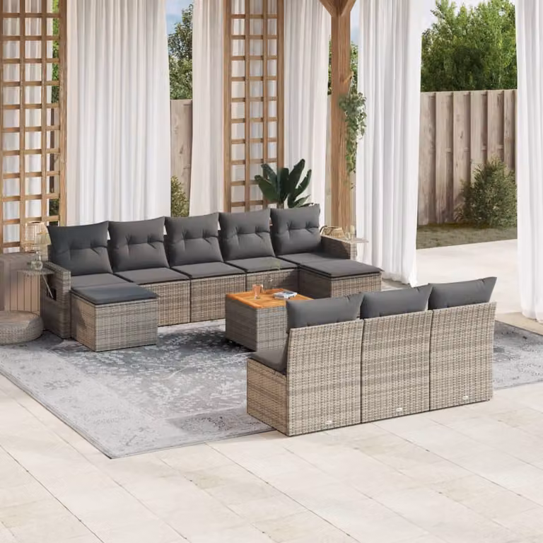 vidaXL Set Divani da Giardino 11 pz in Polyrattan Grigio con Cuscini e Tavolino
