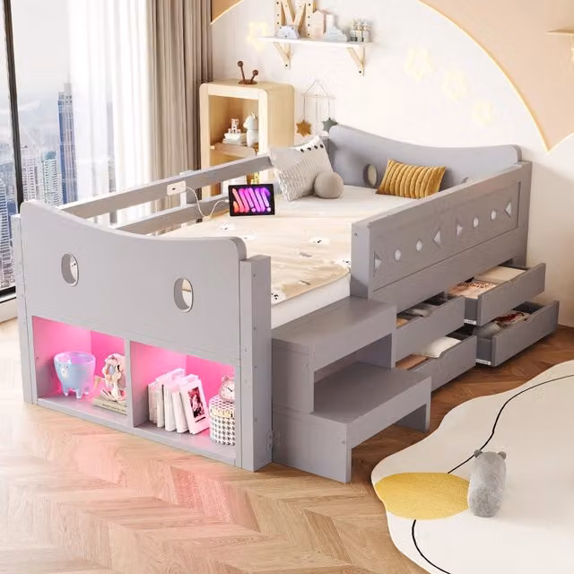 Letto per bambini con testiera unica, cassetti e LED, 90x200 cm, grigio