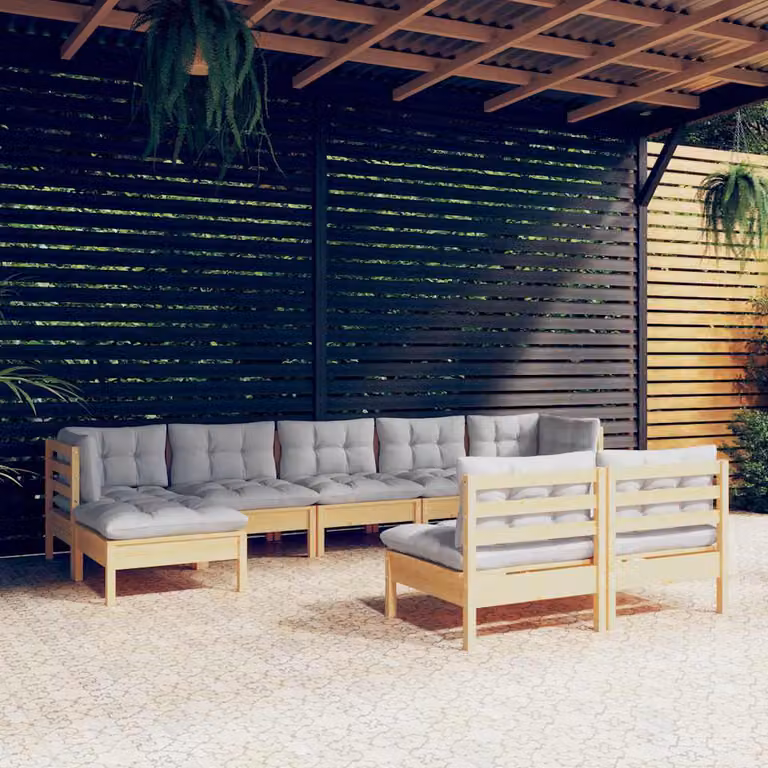 vidaXL Set Divani da Giardino 9 pz in Legno di Pino con Cuscini Grigi Moderni a Forma di L