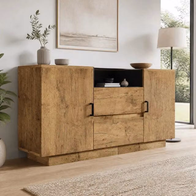 Credenza moderna marrone con cassetti, ante e vano aperto per soggiorno o cucina, L: 140 cm, H: 70 cm, P: 40 cm