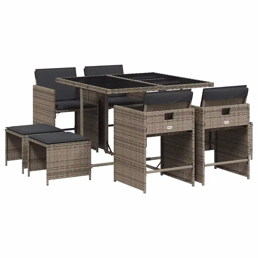 Set da pranzo da giardino vidaXL in polyrattan e vetro, 9 pezzi, grigio e nero – 2