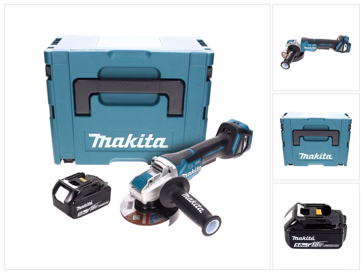 Smerigliatrice angolare a batteria Makita DGA 519 T1J 18 V 125 mm Brushless X-Lock + 1 batteria da 5,0 Ah + Makpac - senza caricabatterie