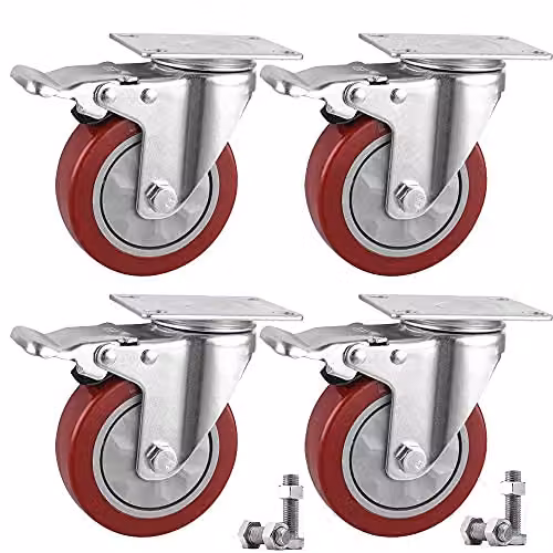Ruote Per Carrello 100mm Ruote per mobile, Rotelle Piatte con freno, Ruote Girevoli a 360 Gradi, Rotelle per Mobili Capacità di carico massima 600kg Set di 4 (4 con freno) (Rosso)