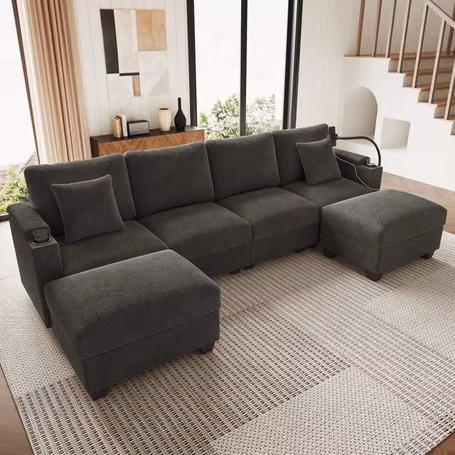 Divano modulare con funzione letto USB portacellulare e portabicchieri in tessuto a coste grigio 275,5 × 139 × 87 cm