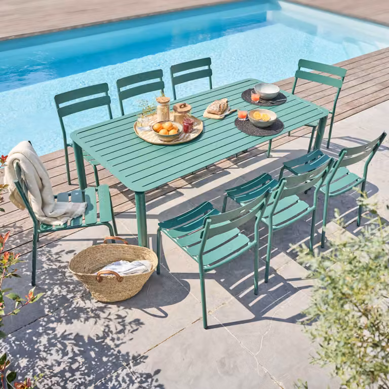 Tavolo da patio quadrato (185 x 92 cm) e 8 sedie verde scuro - Oviala Almada