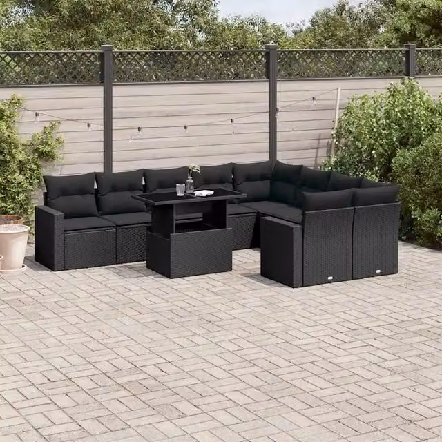 Set da giardino moderno vidaXL composto da 10 pezzi con divano a 3 posti, poltrone, elementi angolari e tavolino da caffè in polyrattan nero con cuscini inclusi