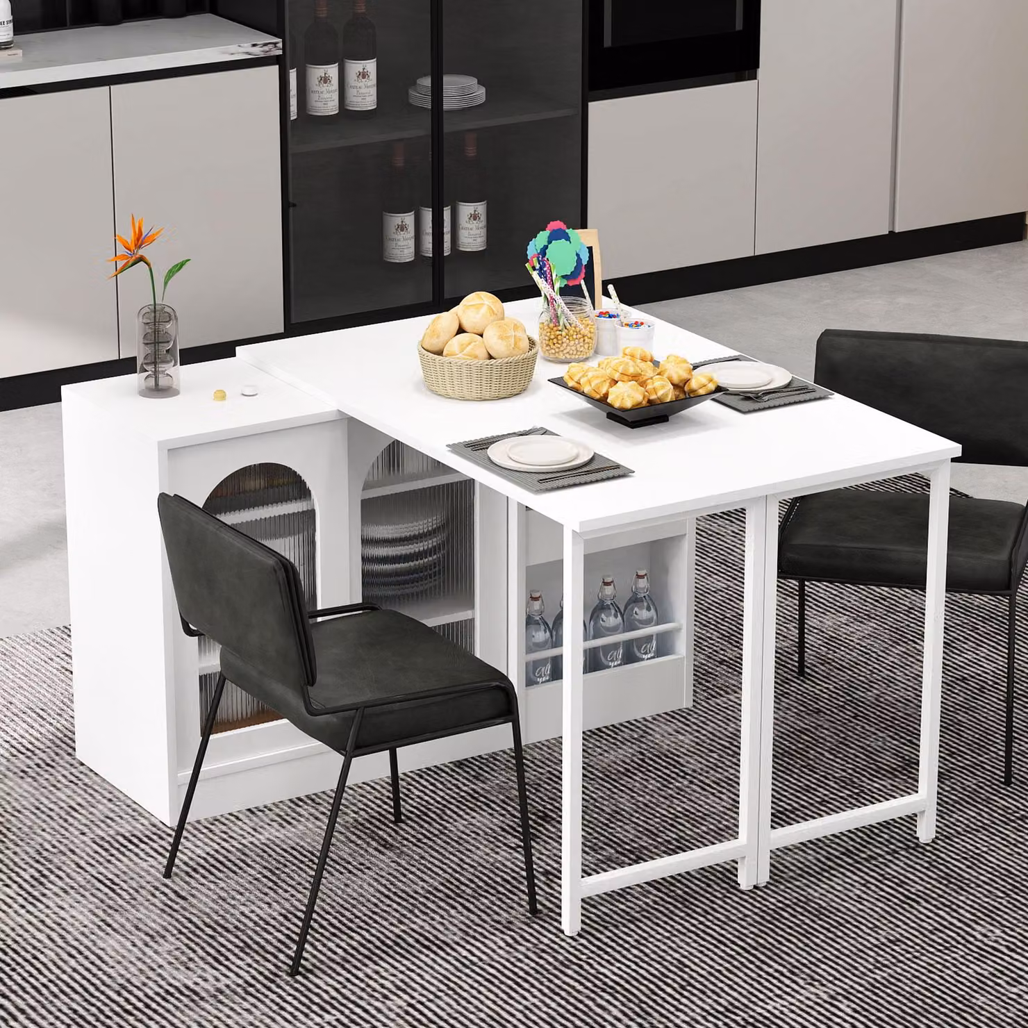 okwish Tavolo da pranzo moderno, tavolo da bar, tavolo da conferenza con porta in vetro e due piani estraibili, credenza da cucina con portaoggetti, bianco