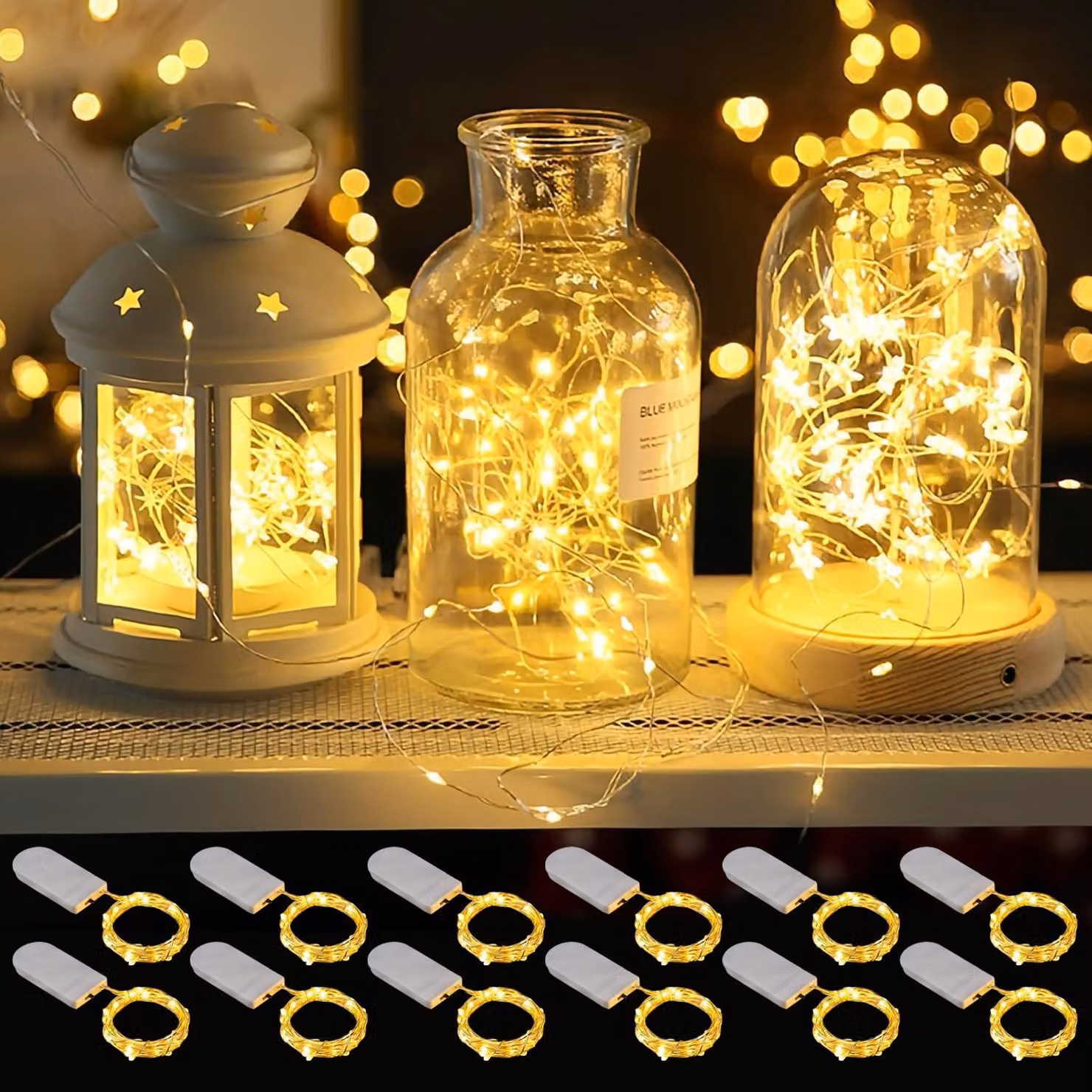 Set di 12 mini luci a LED, lunghezza 2 metri, 20 LED, luce bianco caldo, impermeabile
