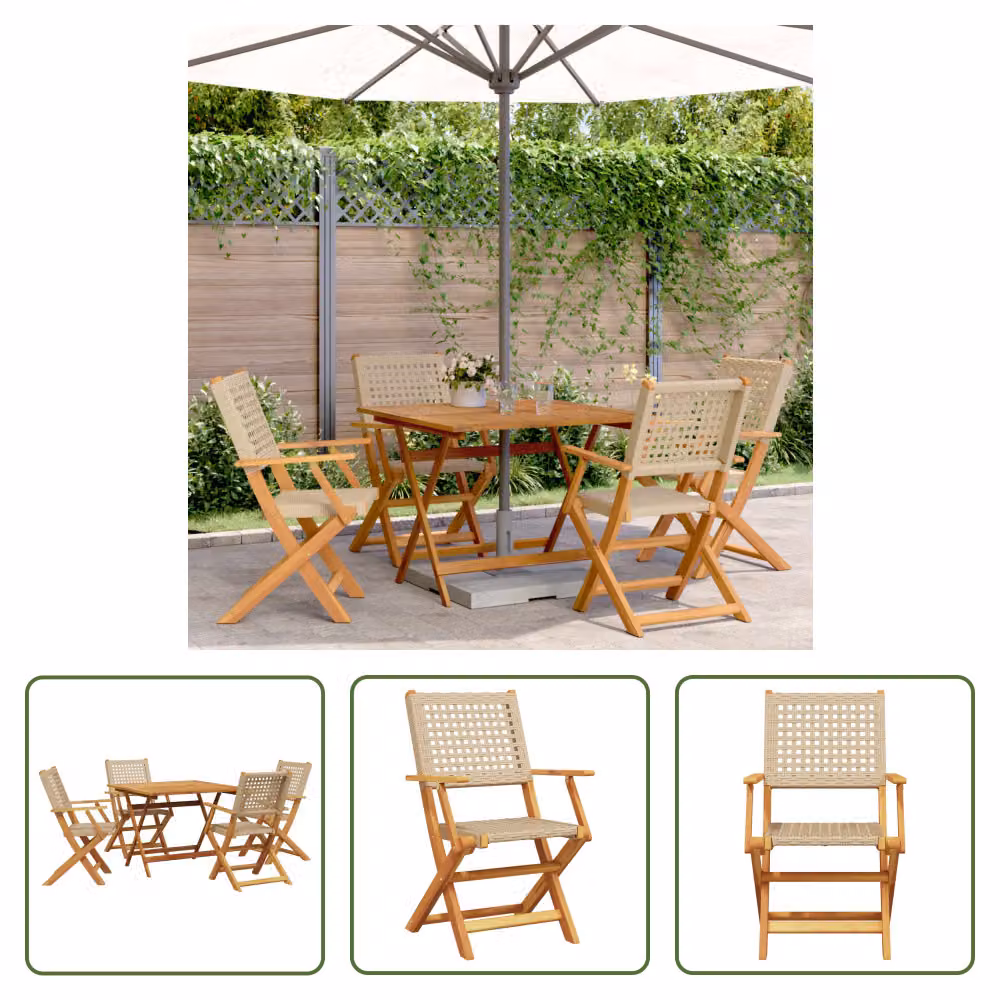 The Living Store Set da pranzo da giardino 5 pezzi Beige in poly rattan e legno massiccio