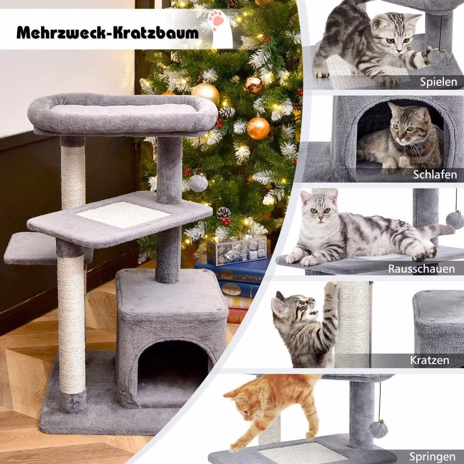 Tiragraffi con pali in sisal, piattaforma superiore in peluche, grigio