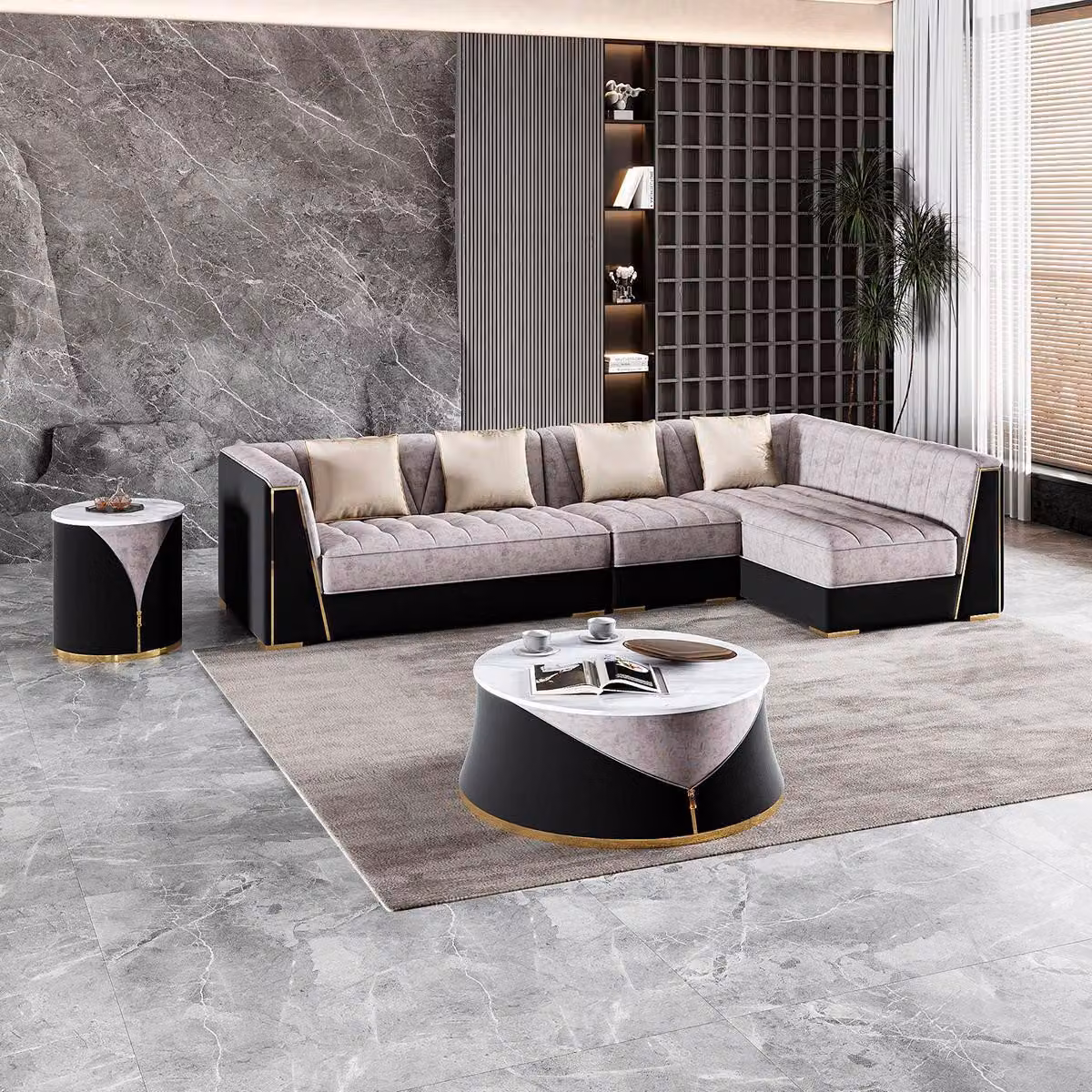 Graue Wohnzimmer Sofagarnitur Ecksofa Couchtisch Beistelltisch Edelstahl