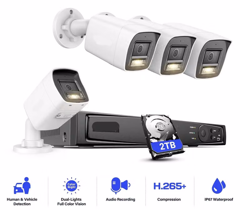 Telecamere di sicurezza: sistema di telecamere PoE per esterni con doppia illuminazione, risoluzione 12MP, disco rigido da 2TB e visione notturna a infrarossi