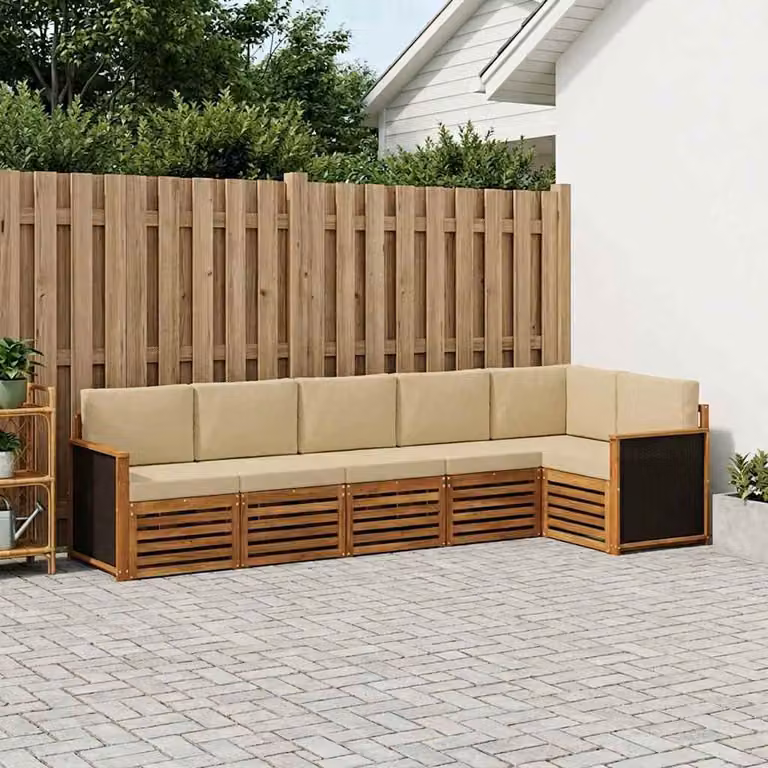 Set di divani da esterno vidaXL a forma di L composto da 5 pezzi in legno di acacia naturale con cuscini inclusi