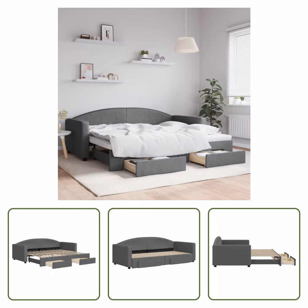 The Living Store Letto da giorno allungabile con cassetti grigio scuro 90x200 cm in tessuto