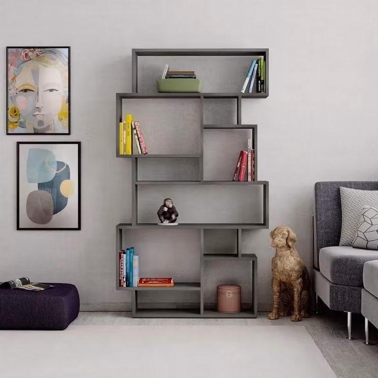 Libreria orizzontale bifacciale Karmato moderna colore cemento L: 168,5 cm, H: 96 cm, P: 25,5 cm