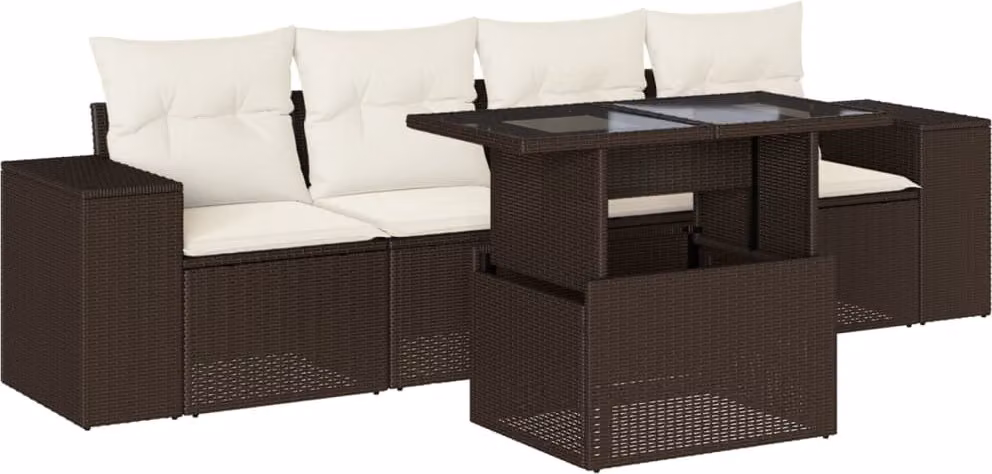 Set Divano da Giardino 5 pz con Cuscini Marrone in Polyrattan