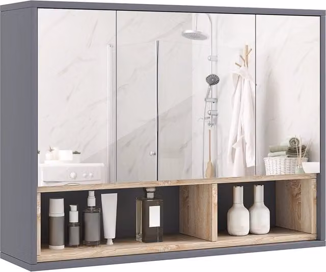 Specchiera da bagno con armadietto a 3 ante Xylo grigio L: 80 cm, P: 20 cm, H: 60 cm