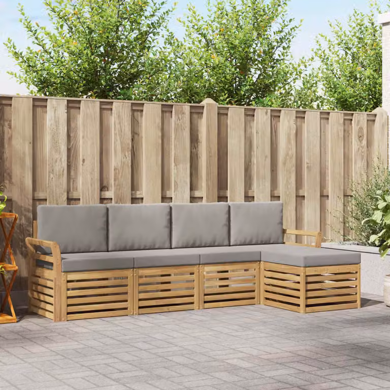 vidaXL Set di divani da esterno a L composto da 5 pezzi in legno di acacia con cuscini bianchi e grigi