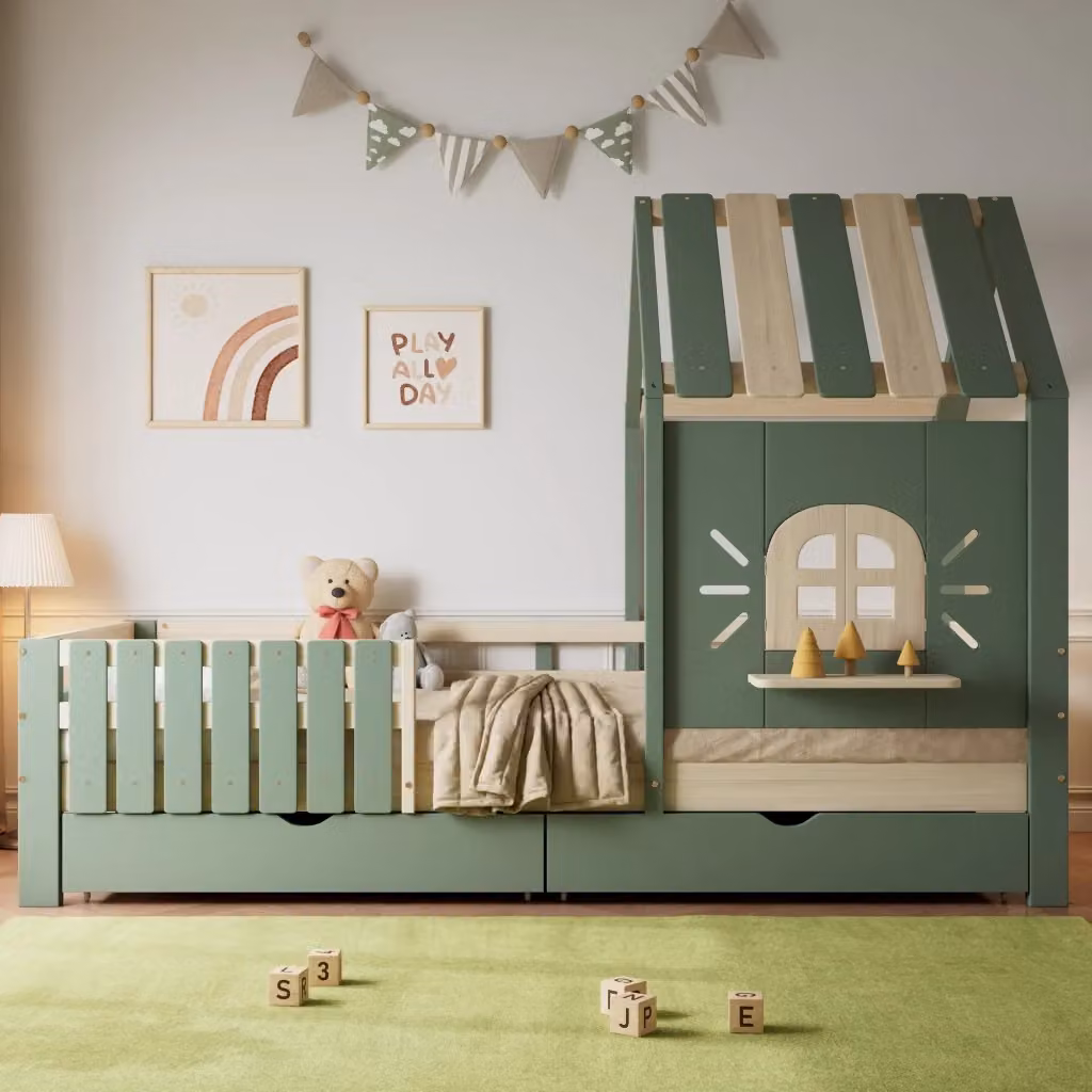 Letto per bambini Chicfurn con struttura a casetta, 2 cassetti e barriera su 4 lati, colore verde, L/P/H: 204 x 90 x 152 cm – 2