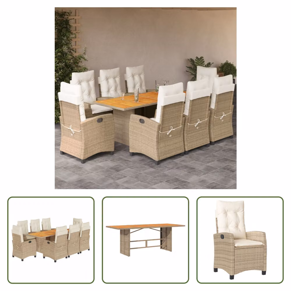 The Living Store Set da pranzo da giardino 9 pezzi con cuscini Beige poly rattan