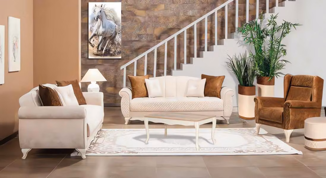 Gruppe Couchgarnitur Dreisitzer Zweisitzer Sessel Beige Stoffsofas