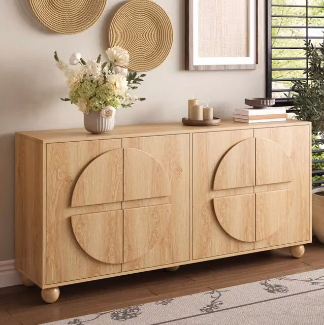 Credenza 160x38x76 cm in MDF e legno di pino naturale, 4 ante –