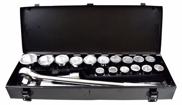 Valigetta in metallo con chiavi a bussola,cricchetto e prolunghe 3/4'', 19-50 mm, kit attrezzi per auto, officina, fai-da-te ,21 pezzi Geko