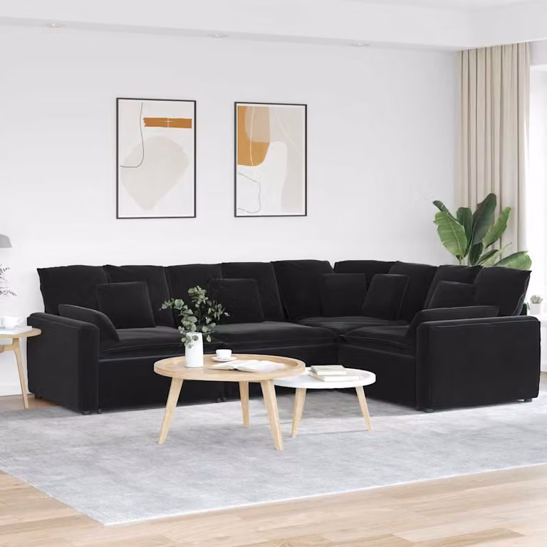 vidaXL Divano Modulare a L in Velluto Nero con Cuscini e Struttura in Metallo e Legno