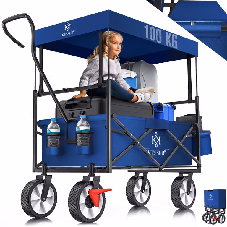 Carrello pieghevole KESSER® con tettuccio | Carrello a mano | Carrello da trasporto | Carrello portaattrezzi | Incl. 2 tasche a rete e 1 tasca esterna | Pieghevole | Pneumatici in gomma piena | Portata fino a 100 kg | Con freno sulla ruota anteriore