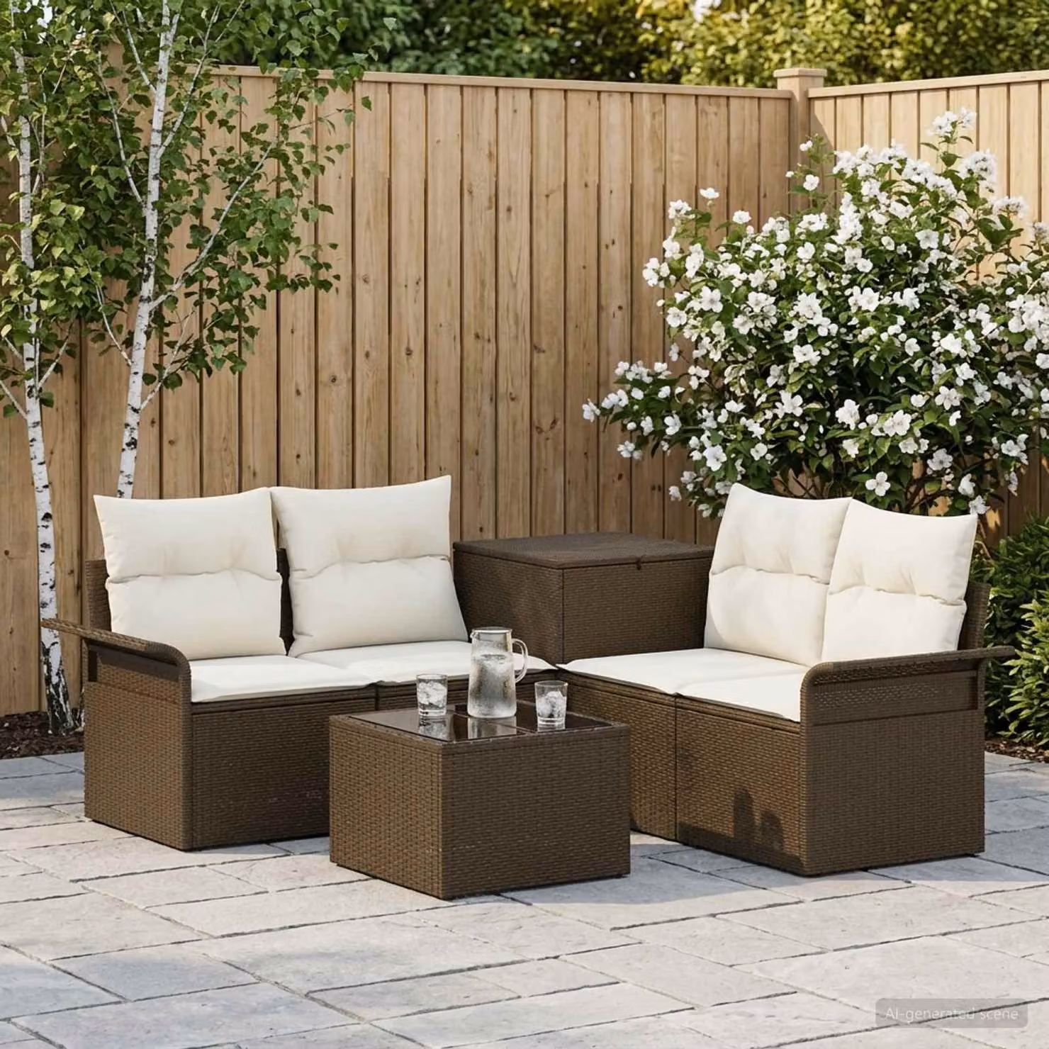vidaXL Set di divani da giardino a forma di L con tavolino e pouf, 6 pezzi, Marrone e Bianco Crema